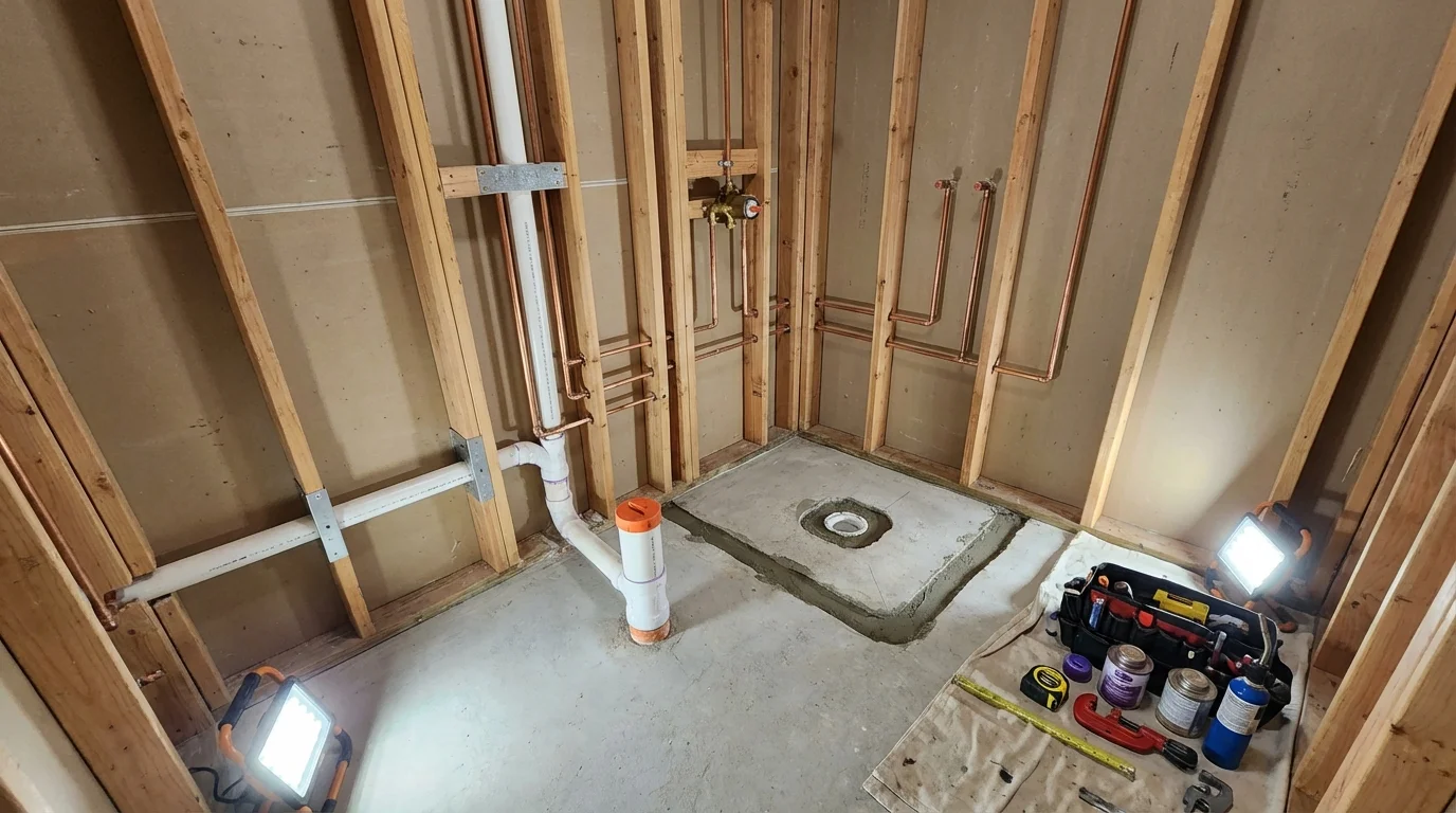 Bathroom rough-in plumbing during remodel by Johns Plumbing LLC in Tuckahoe