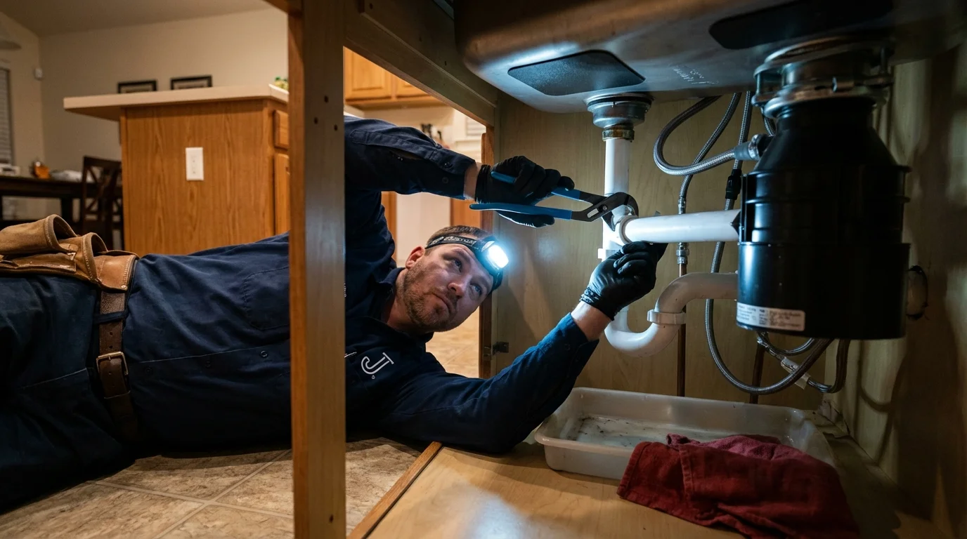 P-trap and supply line connections under a kitchen sink showing a common leak point in Tuckahoe, NY